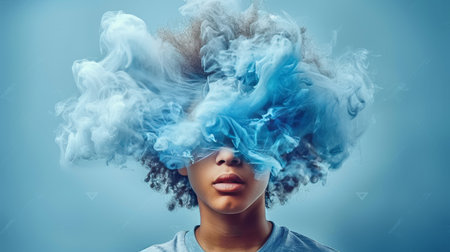 Young Person with Afro Hair Surrounded by Blue Smoke, Abstract Creativity and Imagination Conceptの素材