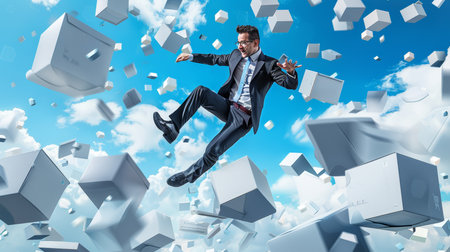 Businessman Surrounded by Floating Boxes in a Chaotic Business Concept with Clouds, Sky Backgroundの素材