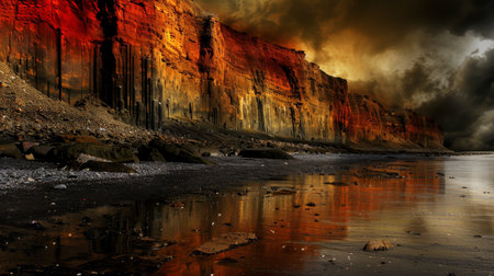 Sunset Flames On Rugged Coast, Dramatic Seascape with Majestic Basalt Columns Storm Cloudsの素材