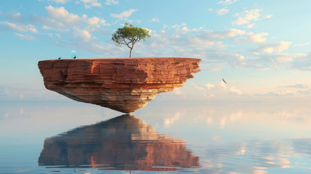 Floating Island with Lone Tree Tranquil Landscape of Minimal Surreal Serenity under Vast Cloudy Skyの素材