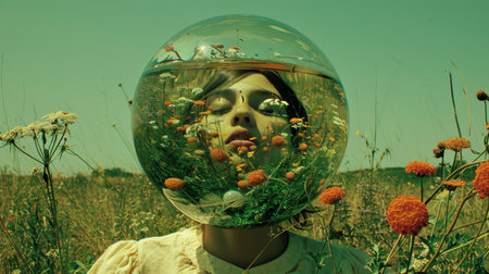 Young Woman With Flowers In Transparent Bubble On Her Head In Field. Surreal Art Photographyの素材