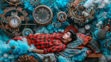 Young Man Dreams in Surreal Setting, Surrounded by Antique Gears, Clocks, and Ethereal Smokeの素材