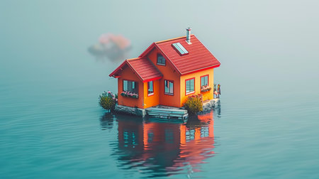 Tiny Colorful House on a Rock Island in Calm Blue Water with its Reflection, 3D Renderingの素材