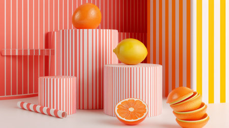 Citrus Fruit Display Sliced Orange and Whole Lemon on Striped Podiums, Minimalist Composition.の素材