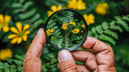 Close-Up Hand Holding Magnifying Glass Exploring Fern And Yellow Flowers, Nature Discovery Conceptの素材