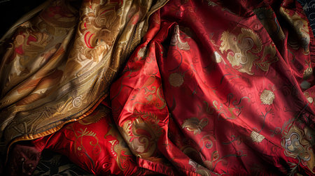 Luxurious Red and Gold Fabric with Intricate Floral Patterns, Elegant Textile Backgroundの素材