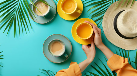Woman Holding Cup of Coffee, Tropical Background, Three Mugs, Summer Refreshment Conceptの素材