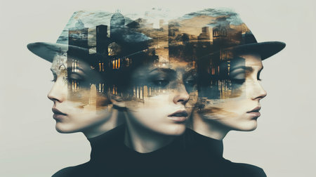 Double Exposure Portrait of a Woman Merged with an Atmospheric Urban Cityscape at Sunsetの素材