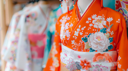 Vibrant Orange Kimono with Floral Embroidery Detail A Close-Up of Traditional Japanese Garmentの素材