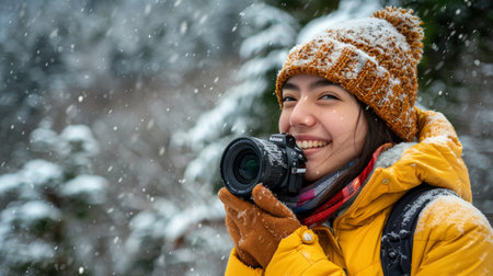 Young Woman Enjoys Winter Photography, Capturing Scenic Snowfall in a Forest Landscapeの素材
