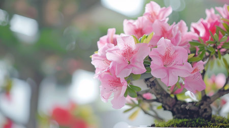 Pink Azalea Bonsai Tree in Blurred Background, Delicate Flowers and Lush Green Foliage.の素材