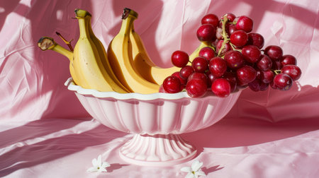 Ripe Bananas, Red Grapes, and Deep Red Cherries in Pink Pedestal Bowl on a Satin Backgroundの素材