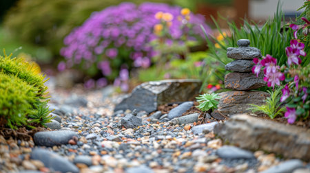 Stacked Stones and Lush Greenery, Tranquil Garden Scene with Natural Elements and Vibrant Flowersの素材