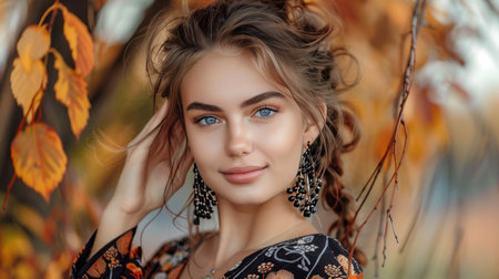 Smiling Woman with Blue Eyes and Autumn Leaves, Portrait of Beautiful Young Lady Enjoying Fall Dayの素材