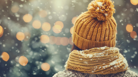 Woman In Warm Knitwear Enjoying View Of Snowy Forest With Festive Christmas Lights In Winterの素材