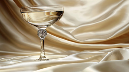 Elegant Glass Filled with Clear Liquid on Flowing Cream-Colored Silk Fabric Backgroundの素材