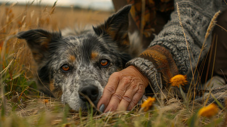 Tranquil Moment Dog Rests Head on Owners Hand Amidst a Serene Field of Golden Grassの素材
