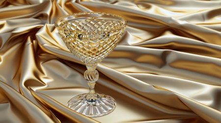 Elegant Crystal Glass on Golden Satin Fabric, Drinkware for Celebrations and Special Eventsの素材