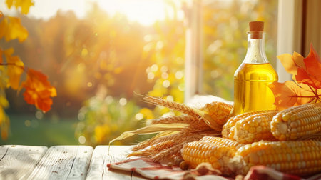 Golden Bottle of Oil, Corn Ears, and Wheat on a Rustic Table with an Autumnal Backgroundの素材