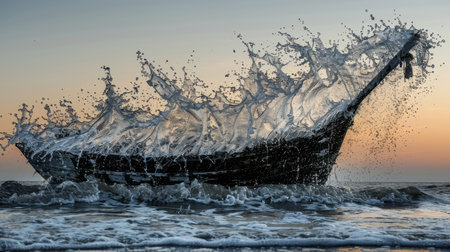 Traditional Wooden Fishing Boat Cutting Through Powerful Ocean Waves with Dramatic Splash at Sunsetの素材