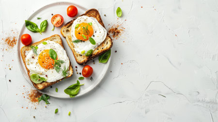 Two Toasts with Fried Eggs, Herbs, and Cherry Tomatoes on White Plate. Healthy Breakfastの素材