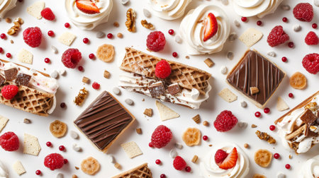 Delicious waffles topped with cream and fresh fruits on a white background a tempting treatの素材