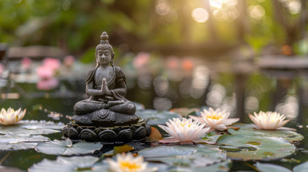 Serene stone buddha statue surrounded by lotus flowers amidst nature s golden sunset glowの素材