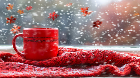 Cozy winter holidays a tranquil cottage scene with tea, knitted blankets, and countryside viewsの素材