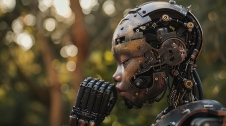 Close-up Portrait of a Thoughtful Android With Eyes Closed, Praying In a Serene Nature Setting.の素材