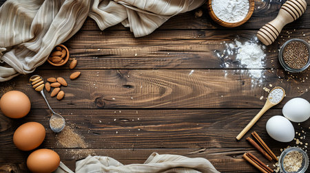Rustic Baking Ingredients Frame. Flat Lay on a Dark Wooden Table with Copy Space, Top View.の素材
