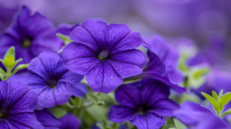 Vibrant purple petunia flower bed against a soft nature background for garden themed website bannerの素材