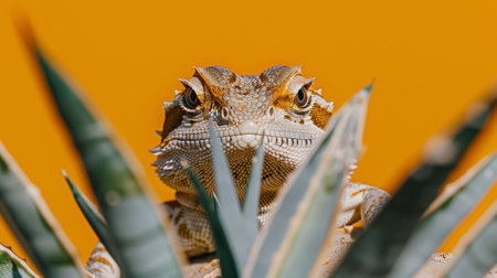 Close-Up Portrait of a Bearded Dragon Lizard Amongst Spiky Agave Leaves on Vibrant Orange.の素材
