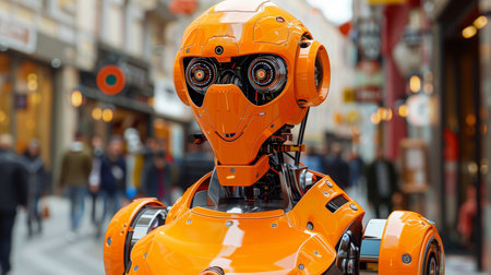 Orange Robot in Urban Environment. Artificial Intelligence, Technology and Innovation Concept.の素材