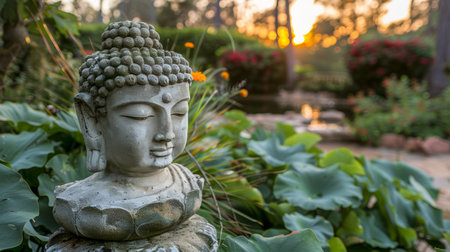 Stone buddha statue surrounded by lotus flowers at sunset with stunning bokeh in natureの素材