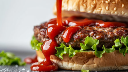 Close up of a juicy hamburger with lettuce and ketchup dripping on a white backgroundの素材