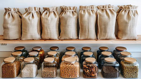 Zero Waste Grocery Shopping Concept. Burlap Sacks and Glass Jars for Package Free Storage on Shelfの素材