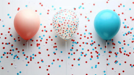 Vibrant balloons and confetti arranged on a white table for a festive birthday celebrationの素材