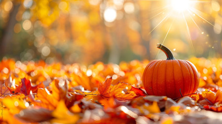 Charming autumn scene featuring colorful pumpkins amidst fallen leaves on a sunlit lawnの素材