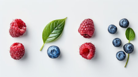 fresh berries collection of raspberries, blueberries, and blackberries with green leaves.の素材