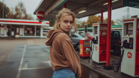 Stylish young woman in a brown hoodie poses at a gas station, urban lifestyle portraitの素材