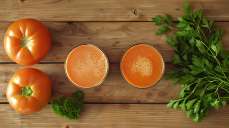 Healthy vegan tomato juice with parsley on rustic wooden background for refreshing smoothie delightの素材