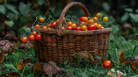Close up of a woven basket overflowing with ripe tomatoes on a green lawn with autumn leavesの素材