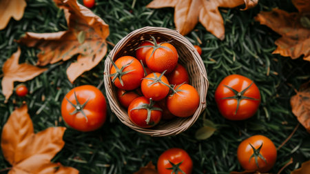 A close up of a woven basket overflowing with ripe tomatoes on a green lawn surrounded by leavesの素材