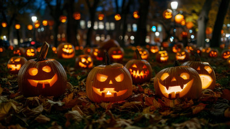 Glowing Halloween Pumpkins, Autumn Night with Carved Jack Olanterns. Festive Atmosphere 2023の素材