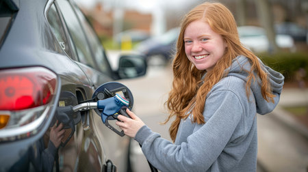 Cheerful girl in jeans and hoodie refueling her car at a gas station with a smileの素材