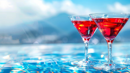 Tropical beach getaway refreshing cocktails by the poolside of a luxury hotel resortの素材