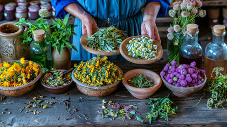 Woman Holding Trays Of Herbs And Flowers. Assortment Drying Herbs on Rustic Background.の素材