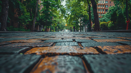 Low angle view of a cobblestone path stretching into the distance under a clear skyの素材