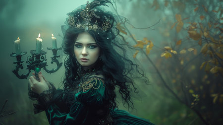 Gothic Queen. Mysterious Woman In Green Dress With Crown, Candlestick In Foggy Forestの素材