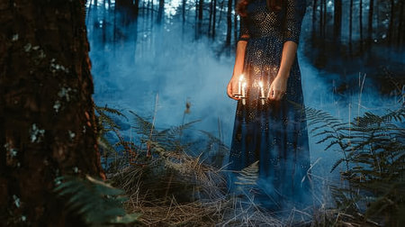 Woman in long dress holding candles, standing in moody mysterious forest. Spiritual concept.の素材